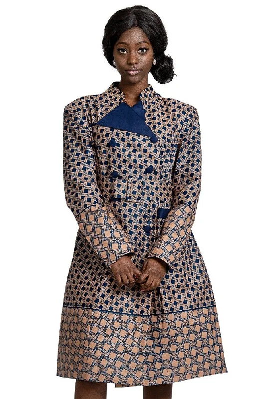 Vanna Women African Print Coat Dress (Navy Blue / Brown) Square Neck One-Shoulder Off-the-Shoulder