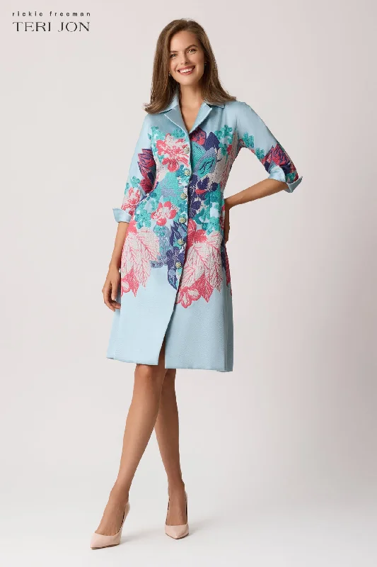 Jacquard Floral Placement Coat Dress Pleated Ruffled tiered