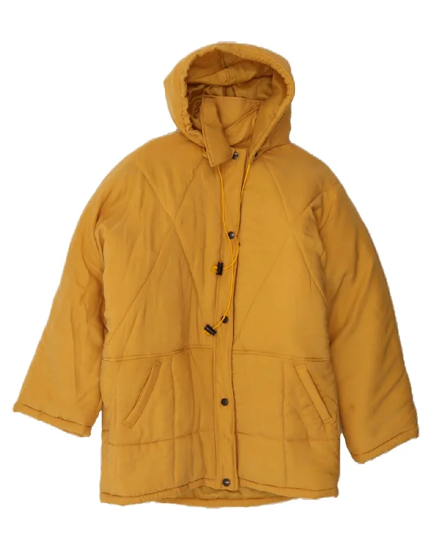 VINTAGE Womens Hooded Padded Coat UK 14 Medium Yellow Nylon Tailored Straight A-Line