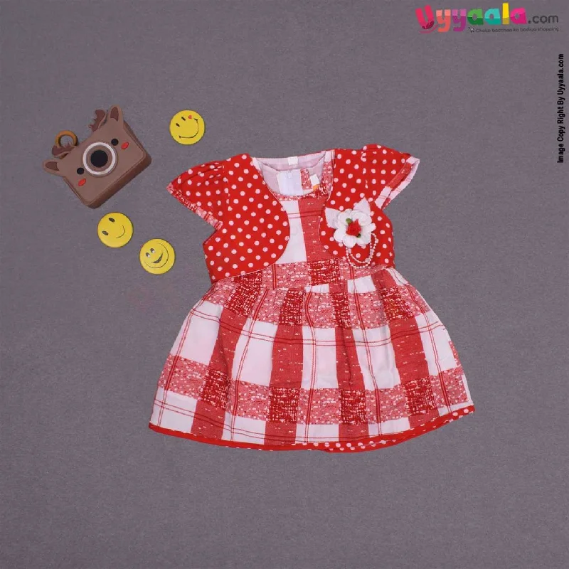 YELLOW DUCK cotton sleeveless party wear frock for baby girl, back open zip model with coat- red Denim Leather Suede