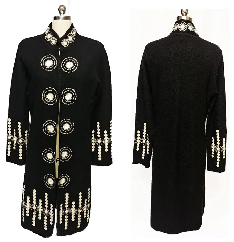 SOLD - GORGEOUS SOPHISTICATED NEIMAN MARCUS EXCLUSIVE WOOL COAT ADORNED WITH CREAM WOVEN ACCENTS Cuffed Rolled Raglan