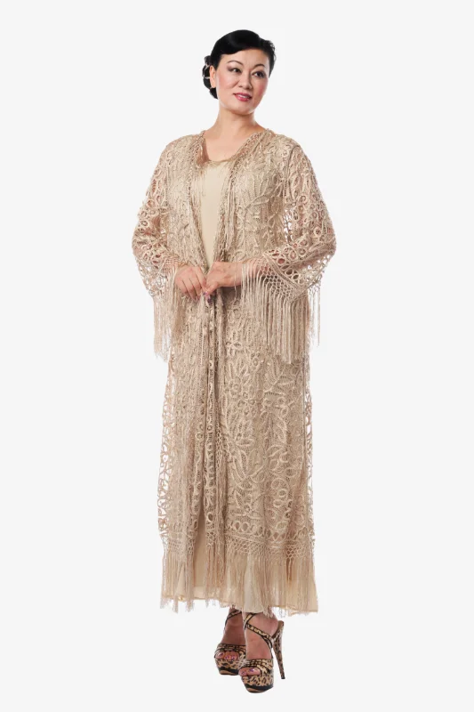 Soulmates C390 Hand Crocheted Beaded Fringe Coat Long Duster Square Neck One-Shoulder Off-the-Shoulder