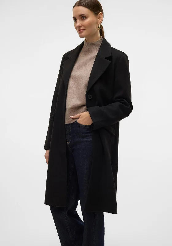 Vero Moda Fortune Sara Long Coat, Black Pockets Sleeves Lining