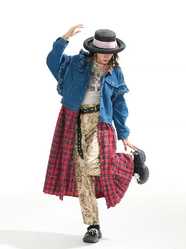 Plaid Denim Loose Trench Coat【s0000011319】 Pleated Ruffled tiered