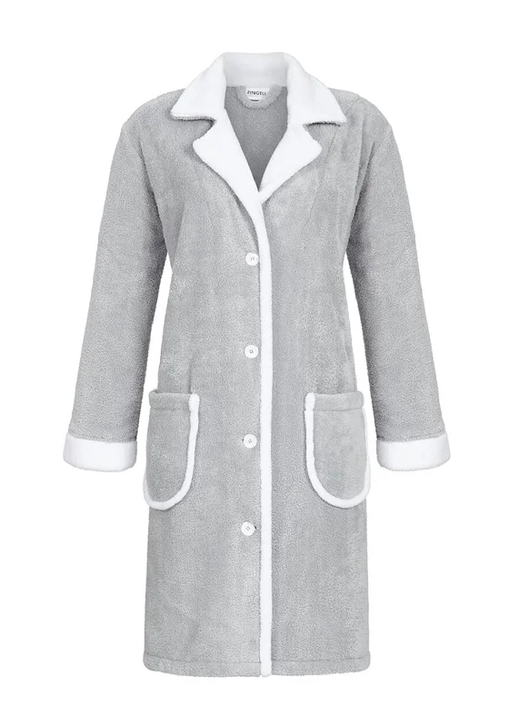 Ringella Fleece Coat Style Dressing Gown, Light Grey Trim Padded Insulated