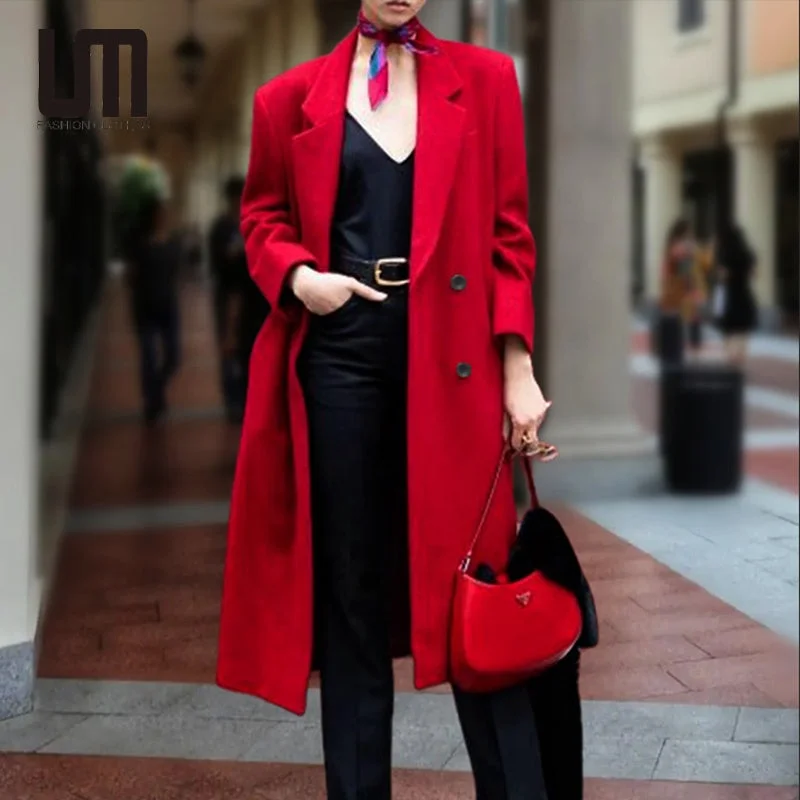 Liu Ming Autumn Winter Streetwear 2024 Trending Women Plus Size Elegant Mid Length Woolen Trench Coat Square Neck One-Shoulder Off-the-Shoulder