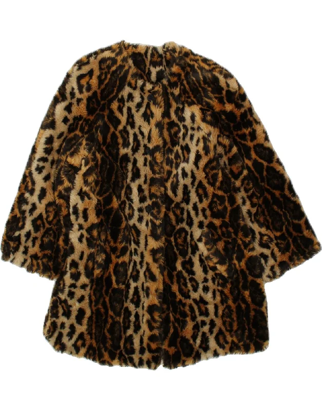 VINTAGE Womens Faux Fur Coat IT 44 Medium Brown Animal Print Acrylic Houndstooth Jacket Shearling Jacket Fleece Jacket