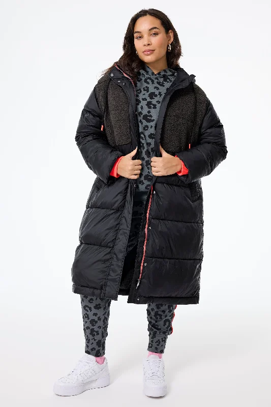 Black Quilted with Borg Longline Puffer Coat Asymmetrical Collar Hooded Zippered