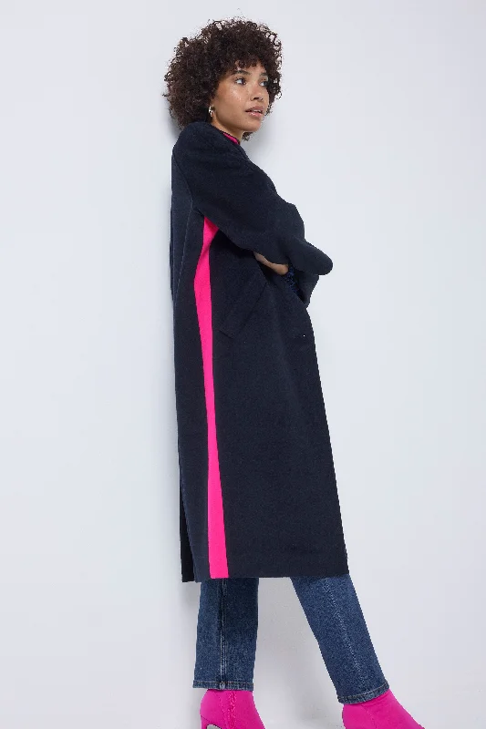 Navy with Neon Pink Wool Blend Coat Hooded Jacket Zipper Jacket Button Jacket