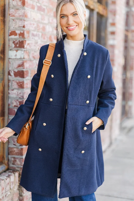 City Streets Navy Blue Coat Lapel Coat Peter Pan Collar Coat Cowl Neck Coat