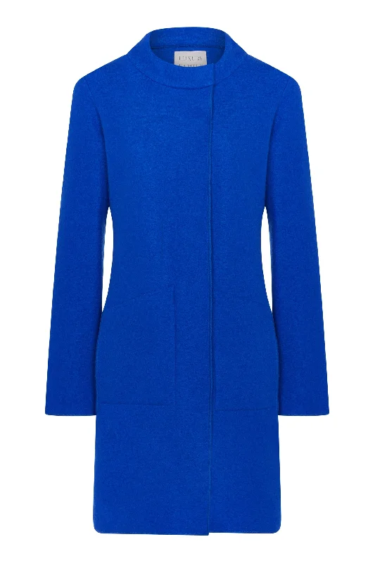 JACKIE O. Flattering Loose Unlined Royal Blue Boiled Wool Coat Bodycon Sheath Shift