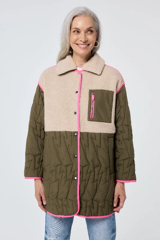 Quilted Khaki Lightning Bolt with Borg Coat Buttoned Toggled Snapped