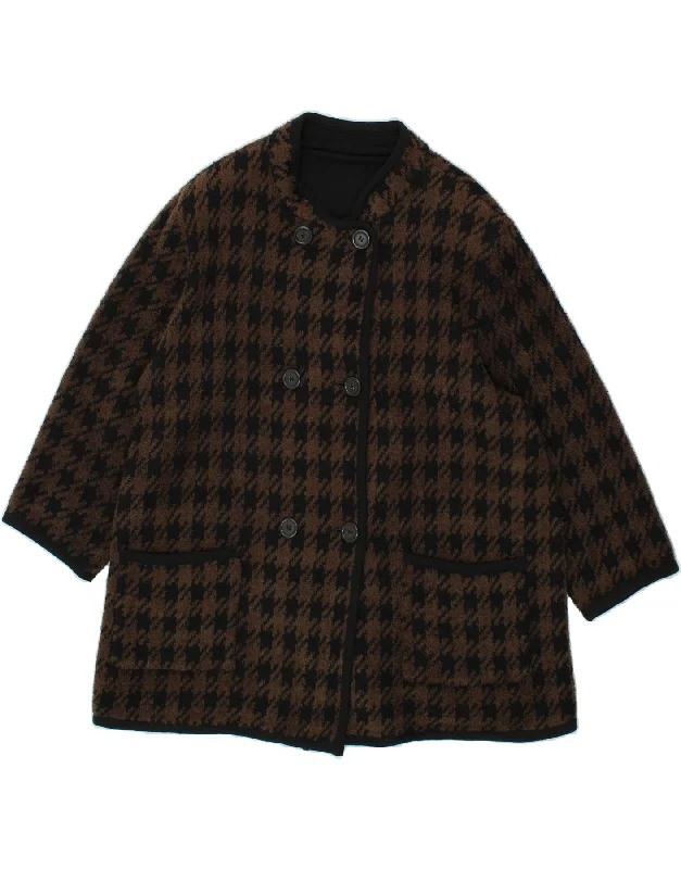 VINTAGE Womens Double Breasted Coat UK 16 Large Brown Houndstooth Quilted Jacket Anorak Windbreaker