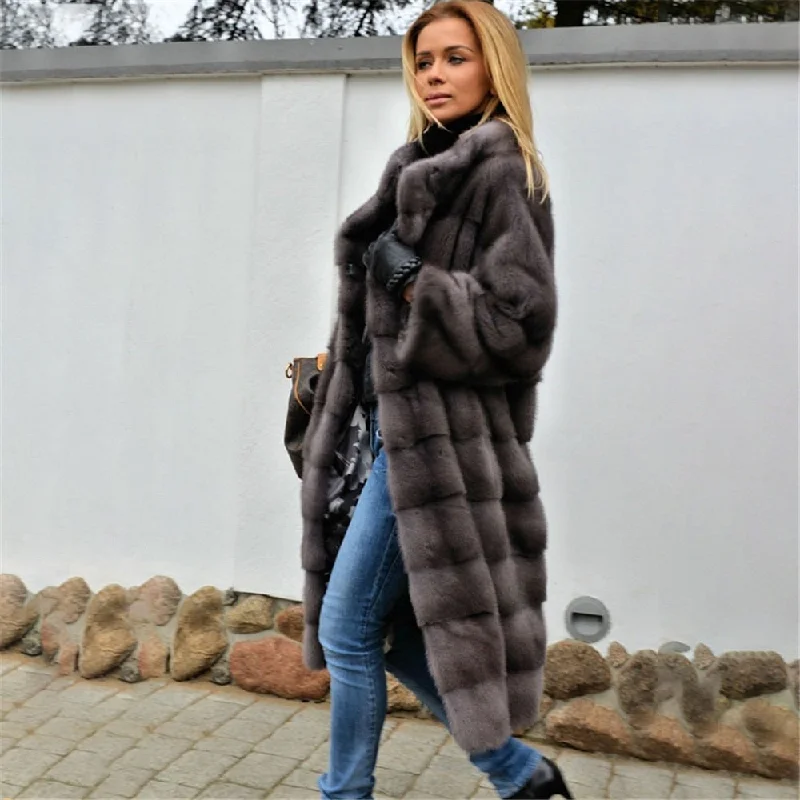 WILUXE  New Fashion Winter Real Fur Coat Dark Grey Suede Jacket Faux Fur Jacket Puffer Jacket