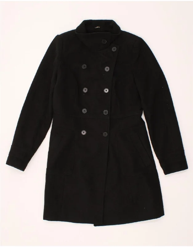 ZARA Womens Double Breasted Coat UK 14 Large Black Polyester Pleated Ruffled tiered