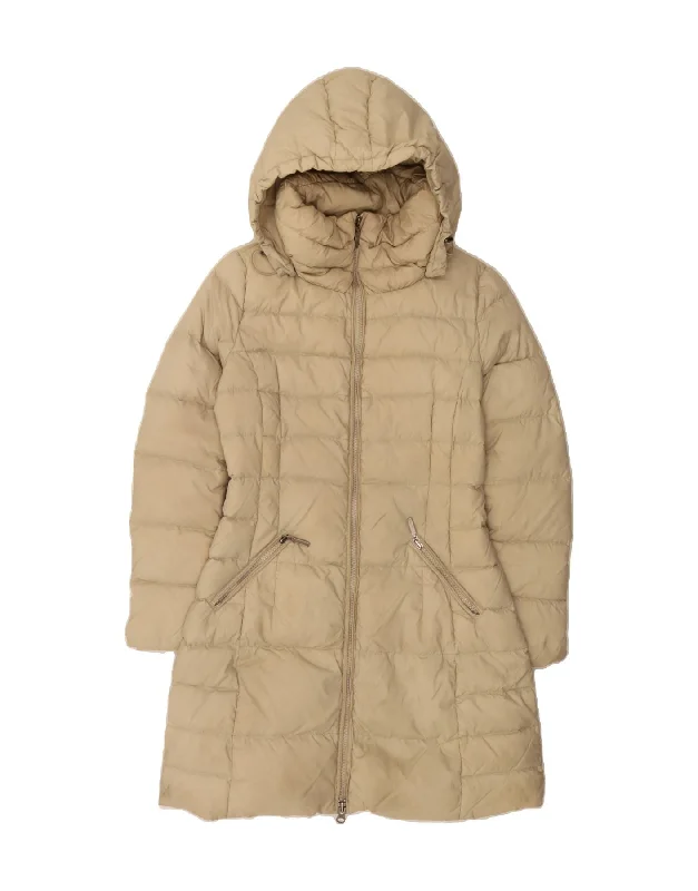 BENETTON Womens Hooded Padded Coat IT 42 Medium Beige Nylon Wool Cashmere Tweed