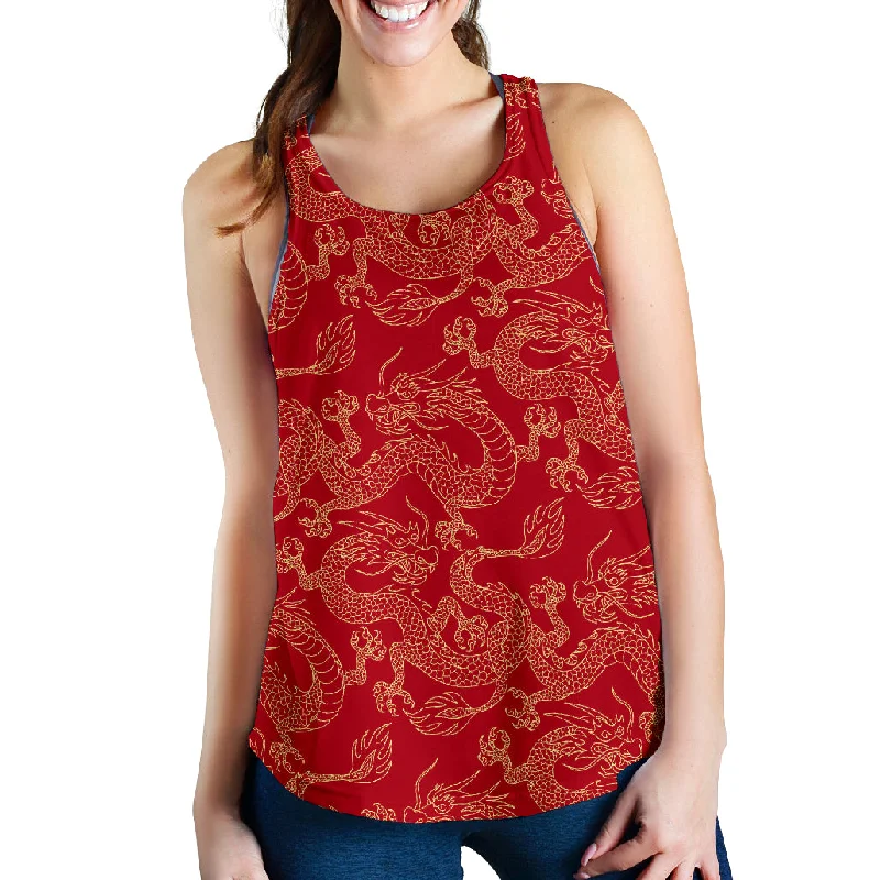 Gold dragons red background Women Racerback Tank Top cute tank top