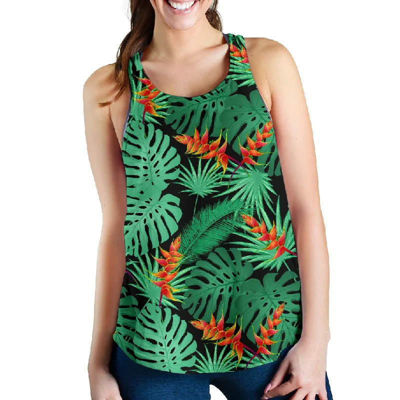 heliconia flower palm monstera leaves black background Women Racerback Tank Top rhinestone tank top