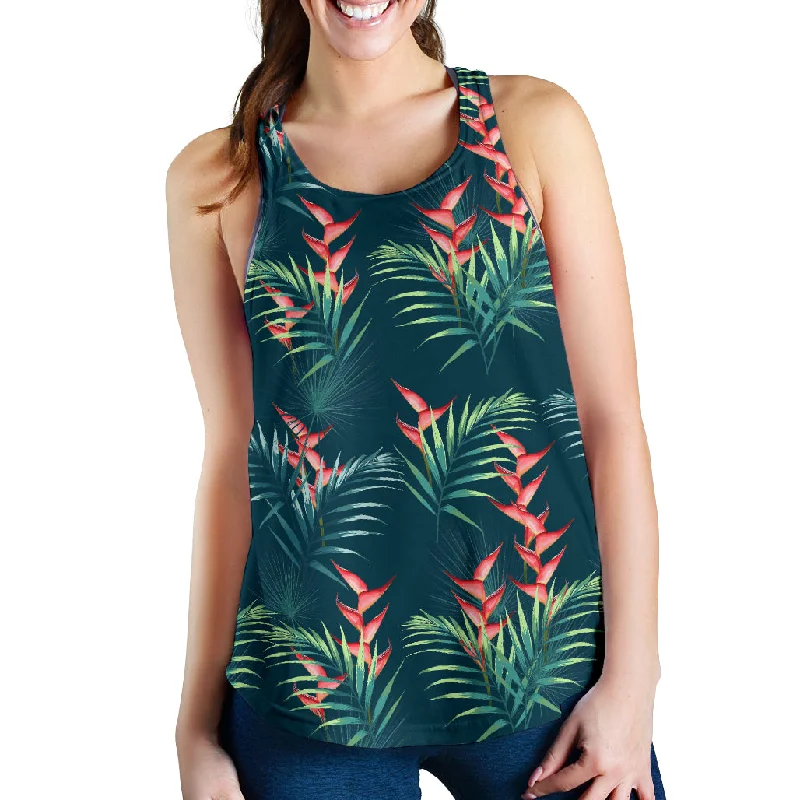 heliconia flowers, palm and monstera leaves on black background pattern Women Racerback Tank Top charcoal tank top