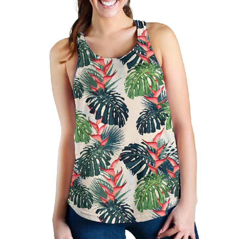 heliconia flowers, palm and monstera leaves Women Racerback Tank Top bold tank top