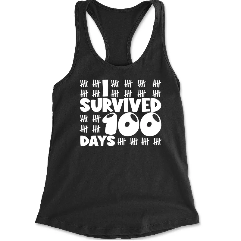 I Survived 100 Days Tally Marks Racerback Tank Top for Women navy tank top