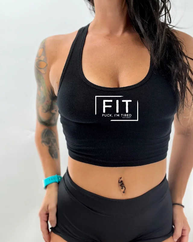 Ladies "FIT Fuck, I’m Tired" Racerback Crop Tank | Micro off shoulder tank