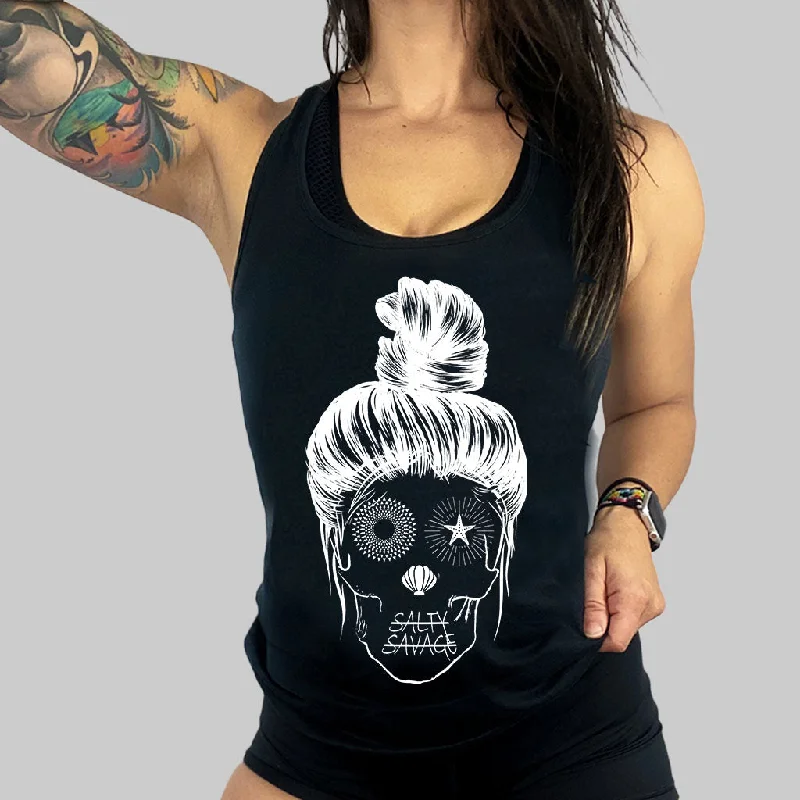 Ladies "Messy Bun Skull" Racerback Tank white tank top