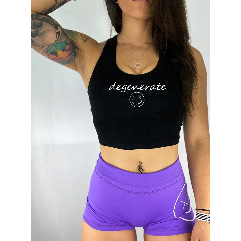 Salty Savage Ladies “Degenerate Signature” Cropped Racerback Tank | Micro charcoal tank top