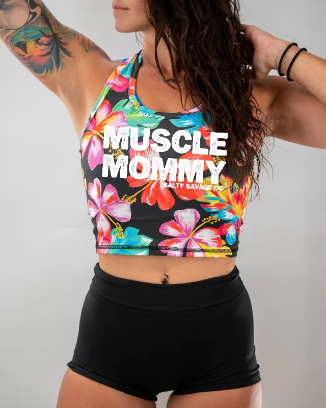 Salty Savage Ladies “MUSCLE MOMMY” Racerback Performance Crop Tank crew neck tank