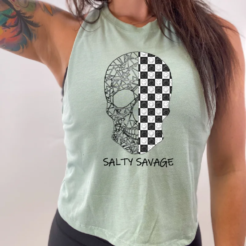 Salty Savage Ladies “Spliced Checkered Geo Skull” Flowy Racerback Crop Tank | Black & White bold tank top