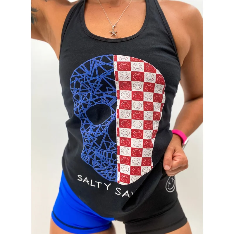 Salty Savage Ladies “Spliced Checkered Geo Skull” Racerback Tank Top | Red White & Blue mint tank top