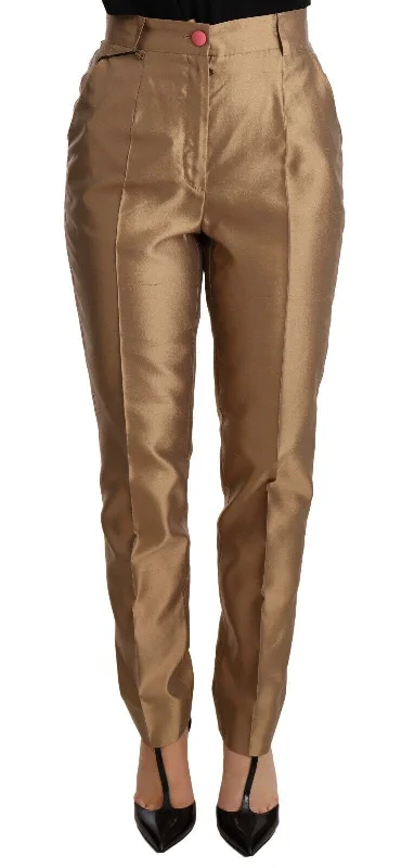 Dolce & Gabbana Elegant Tapered Silk Trousers in Gold Trousers Travel Practical