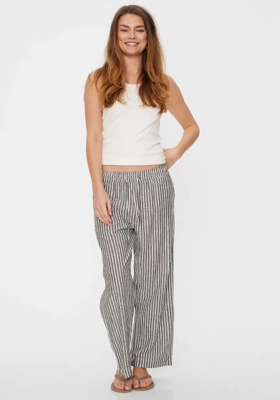 Freequent Lava Striped Linen Ankle Trousers, Black & Off White Trousers Plaid Checkered