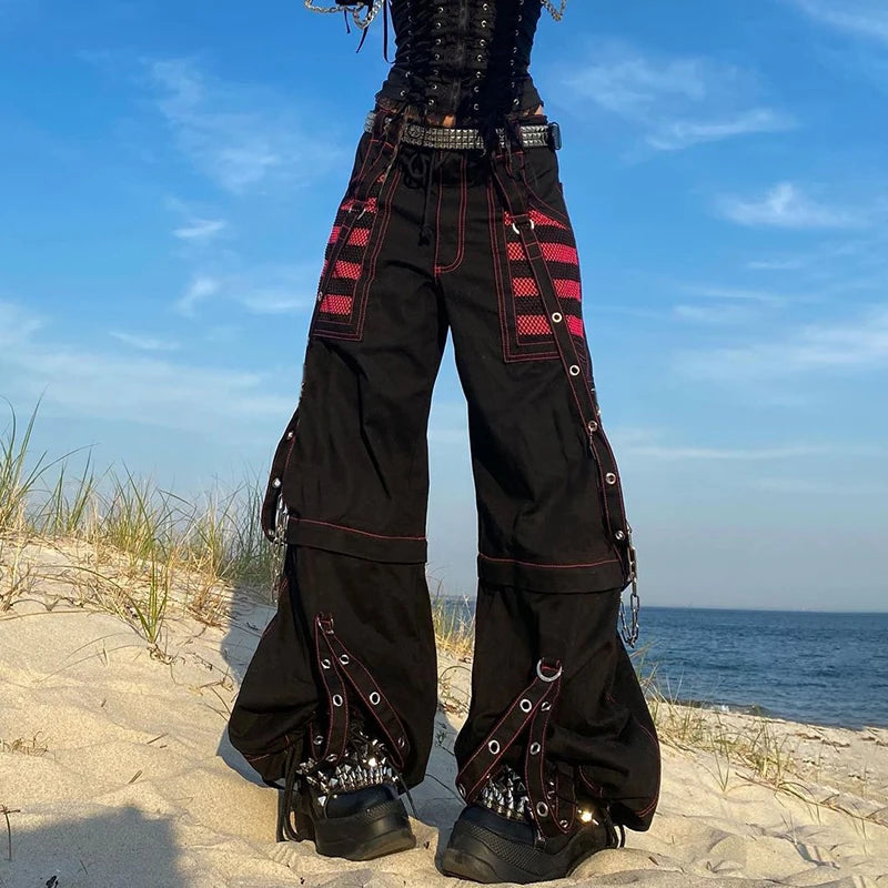 Gothic Women Punk Cargo Pants Wide Straight Leg Pants Grunge Hippie Baggy Trousers Trousers Prom Sequined