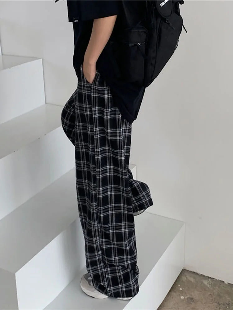 Black Women Plaid Pants Casual Oversize Loose Wide Leg Trouser Trousers Wedding White