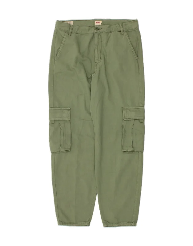 LEVI'S Womens Water Less Loose Fit Cargo Trousers W29 L28  Green Cotton Trousers chic elegant