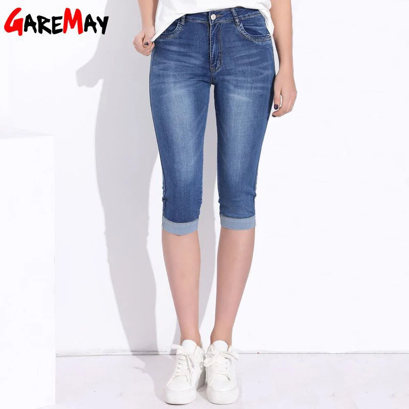 Plus Size Skinny Capris Jean Women Female Stretch Knee Length Denim Trouser Trousers Denim Blue