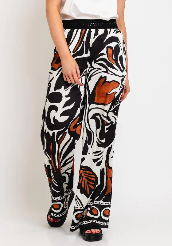 Robell Melly Printed Wide Leg Trousers, Black Trousers Summer Linen