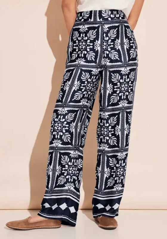 Street One Satin Printed Trousers, Deep Blue Trousers Striped Patterned