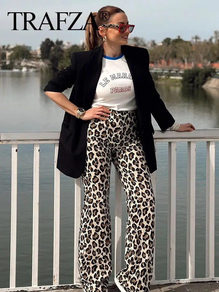 Leopard Print Pant For Women Fashion Vintage High Waist Slim Trousers Trousers practical easy-care