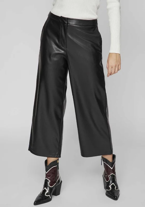 Vila Dagma Faux Leather Cropped Wide Leg Trousers, Black Trousers Fall Fleece