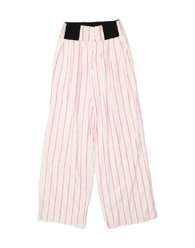 VINTAGE Womens Casual Trousers UK 12 Medium  Pink Striped Cotton Trousers Plaid Checkered