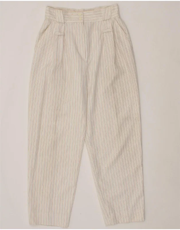 VINTAGE Womens High Waist Tapered Chino Trousers W28 L28 White Striped Trousers Polka Dot Cute