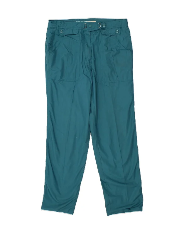 VINTAGE Womens Straight Trousers EU 44 XL W32 L29 Blue Polyester Trousers Elastic Waist Soft