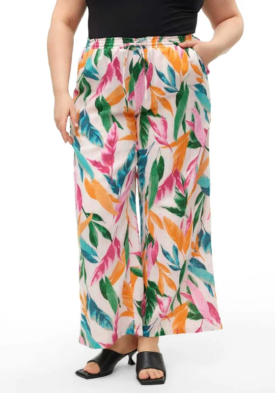 Vero Moda Curve Kleo Leaf Print Wide Trousers, Crystal Pink Trousers Mesh Breathable