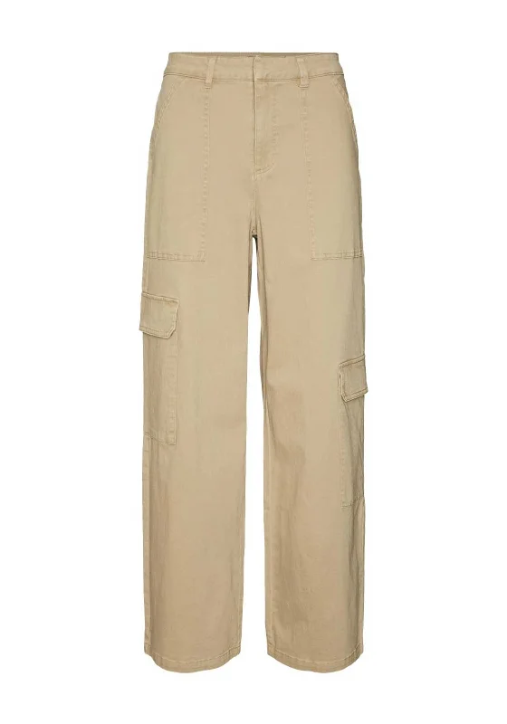 Vero Moda Sif Wide Leg Cargo Trousers, Brown Trousers Summer Linen