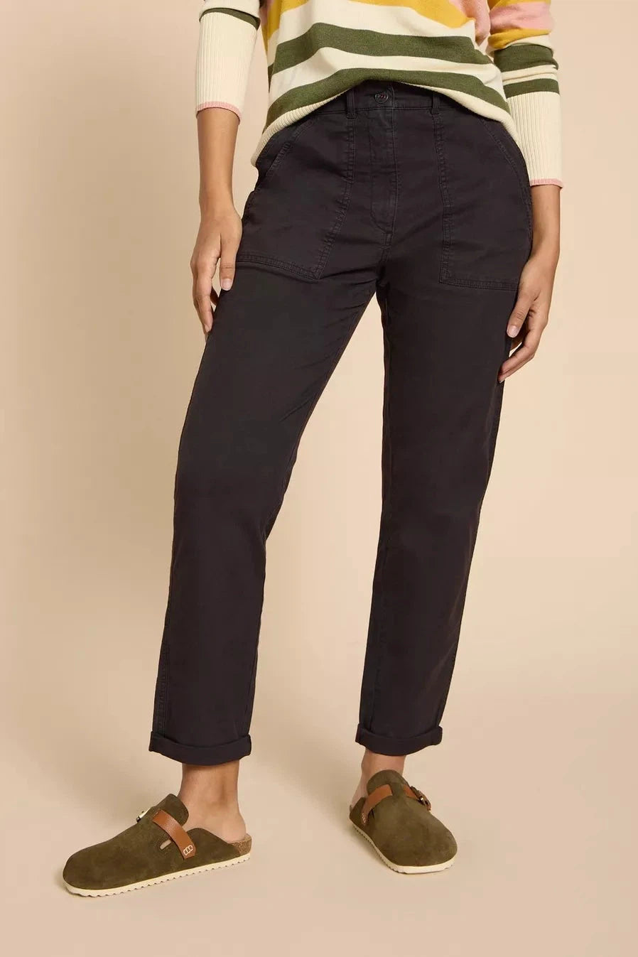 White Stuff Twister Organic Chino Trousers in Pure Black Trousers Cargo pockets