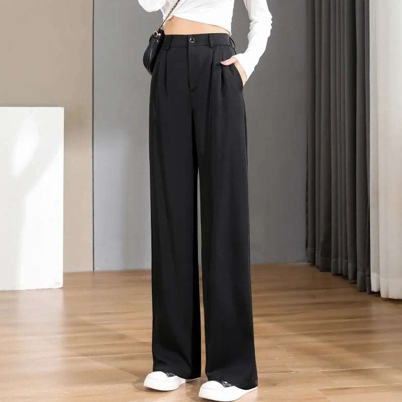 Women Chic Office Wear Straight Pants Vintage High  Ladies Trousers Baggy Trousers Office Stylish