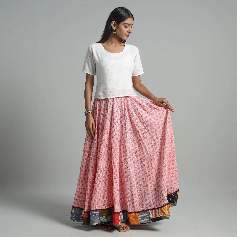 Pink - Sanganeri Block Print Cotton Long Skirt 15 a-line skirt cut